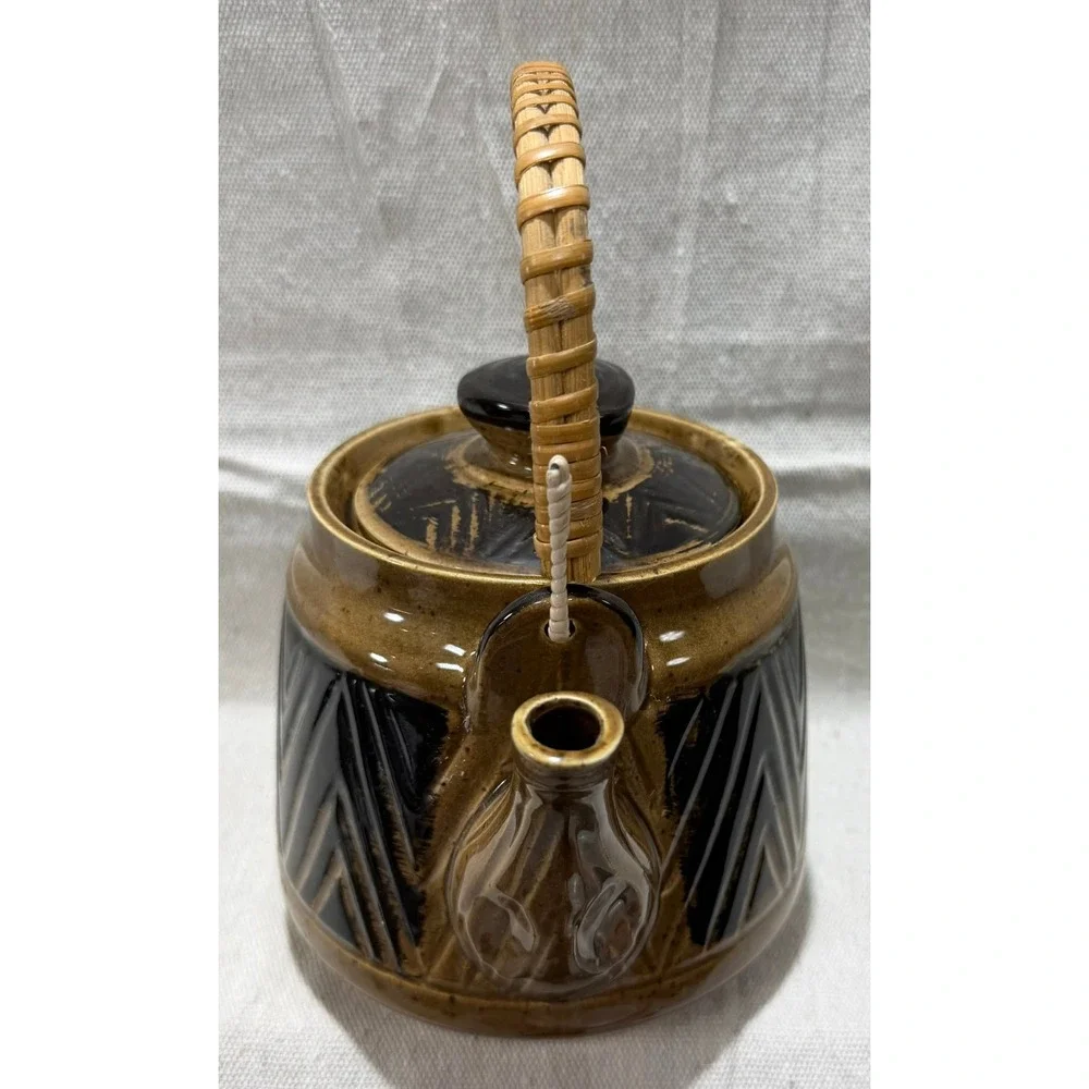 Vintage Japanese Ceramic Teapot Woven Bamboo Handle Brown Geometric MCM Japan